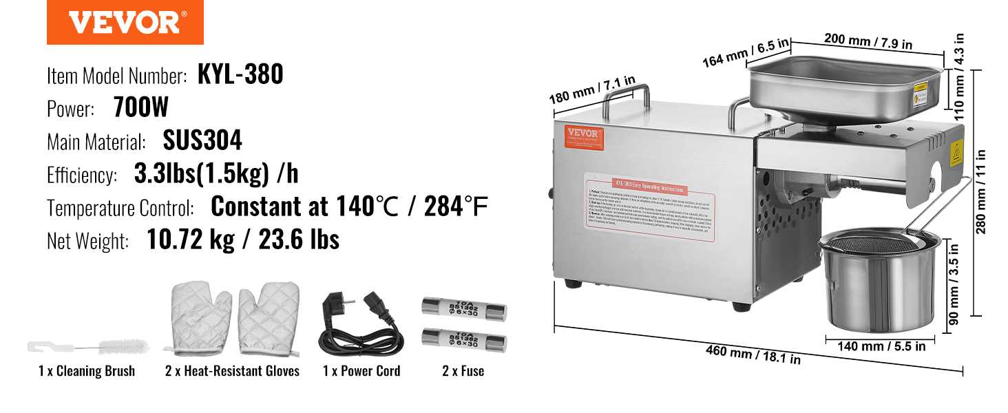 VEVOR electric oil press machine kyl-380 700w sus304 constant temp control, 3.3lbs/hr efficiency.