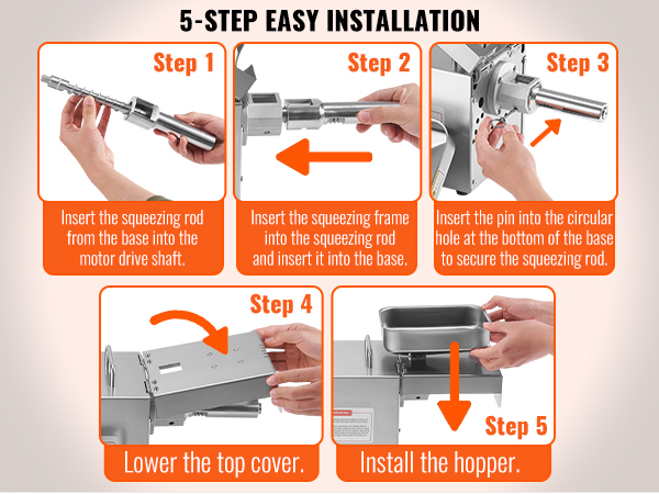 5-step easy installation guide for VEVOR electric oil press machine with arrows and instructions.