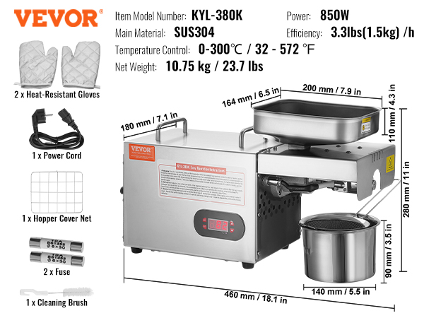 VEVOR elektriskā eļļas spiešanas mašīna kyl-380k ar 850 W jaudu, sus304 materiālu un 3,3 lbs/h efektivitāti.