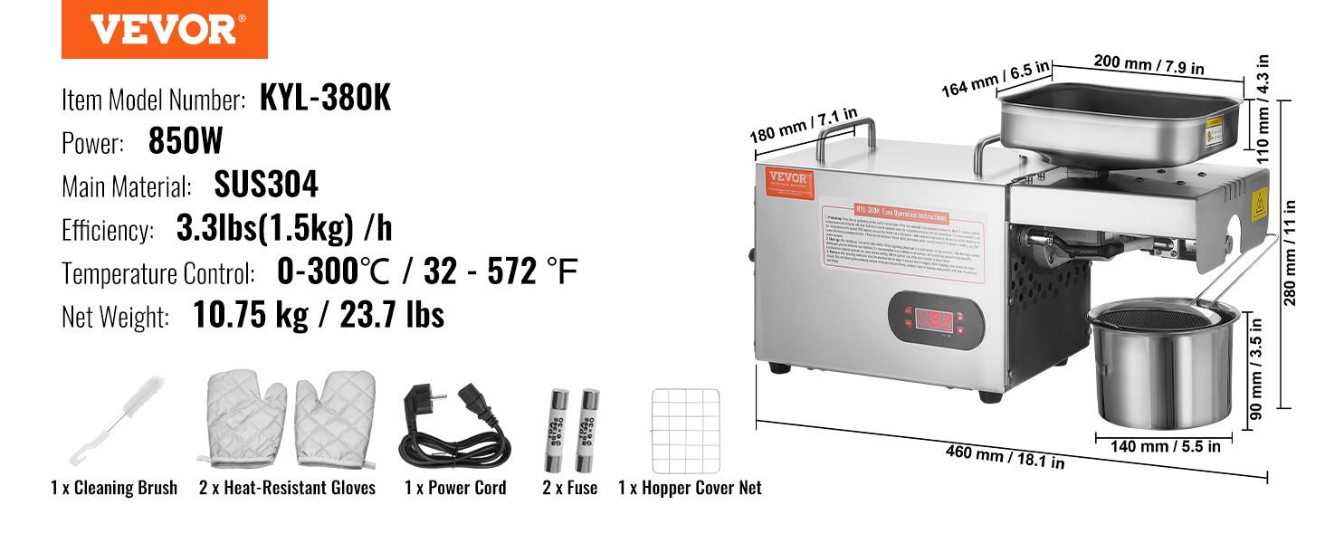 VEVOR elektriskā eļļas spiešanas mašīna kyl-380k ar 850 W jaudu, sus304 materiālu un 3,3 lbs/h efektivitāti.