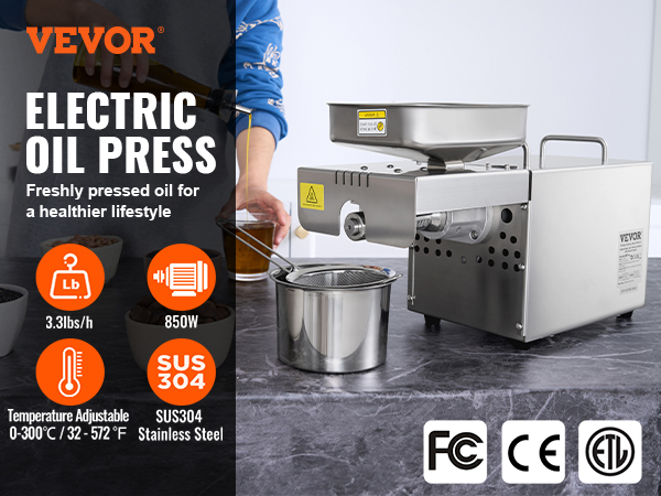 VEVOR elektriskā eļļas spiešanas mašīna ar sus304 nerūsējošo tēraudu, 850 W, regulējama temperatūra, 3,3 lbs/h.