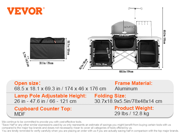 VEVOR camping kitchen table with aluminum frame, foldable design, and ample storage compartments.