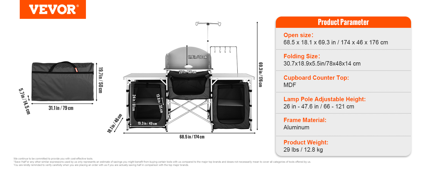 VEVOR camping kitchen table with aluminum frame, foldable design, and ample storage compartments.