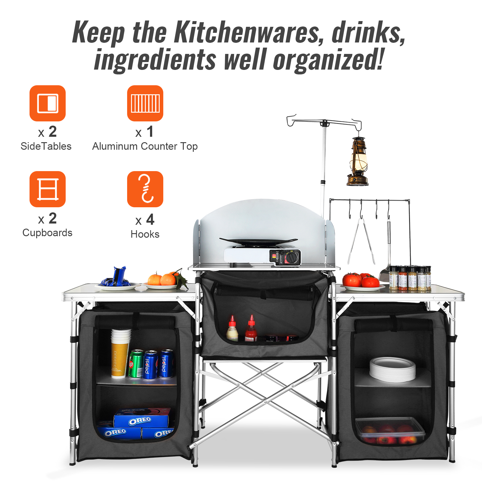 VEVOR camping kitchen table with 2 side tables, aluminum counter top, 2 cupboards, and 4 hooks.