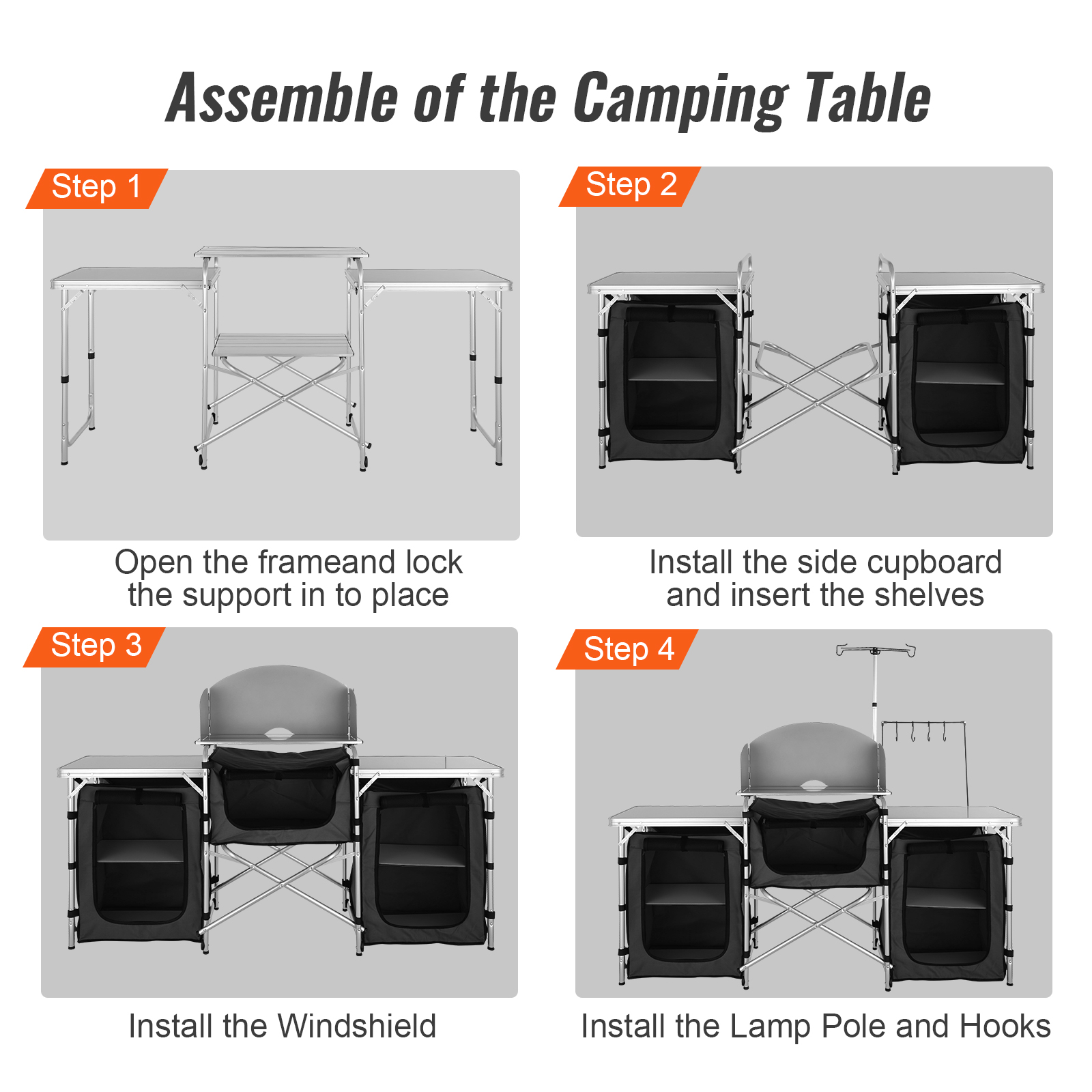 steps to assemble VEVOR camping kitchen table with side cupboards, windshield, lamp pole, and hooks.