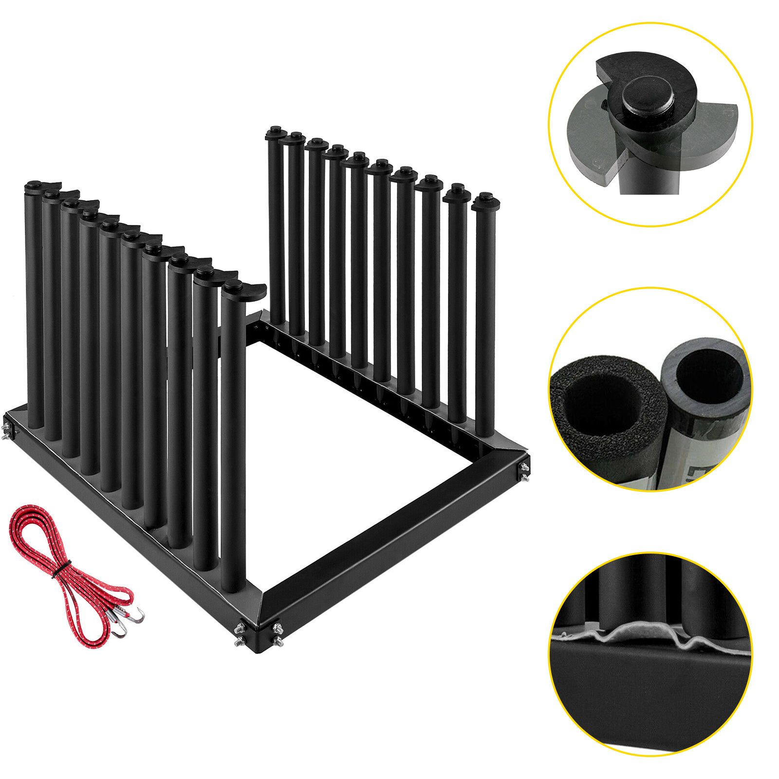 VEVOR windshield rack with black cylindrical supports, foam padding, and red bungee cord.
