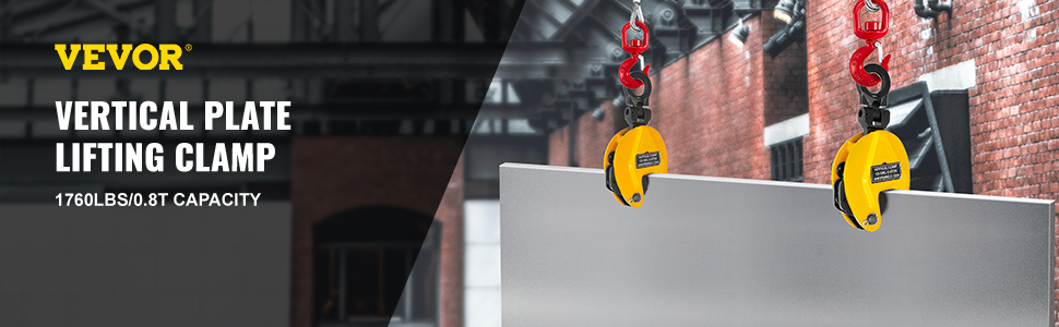 VEVOR plate lifting clamp for vertical lifting, 1760lbs/0.8t capacity, in a warehouse.