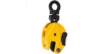 yellow VEVOR plate lifting clamp with black handle and top swivel hook.