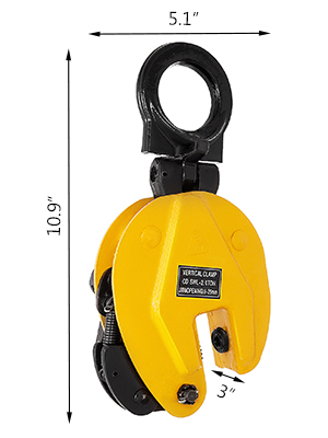 yellow VEVOR plate lifting clamp with dimensions labeled: 10.9" height, 5.1" width.