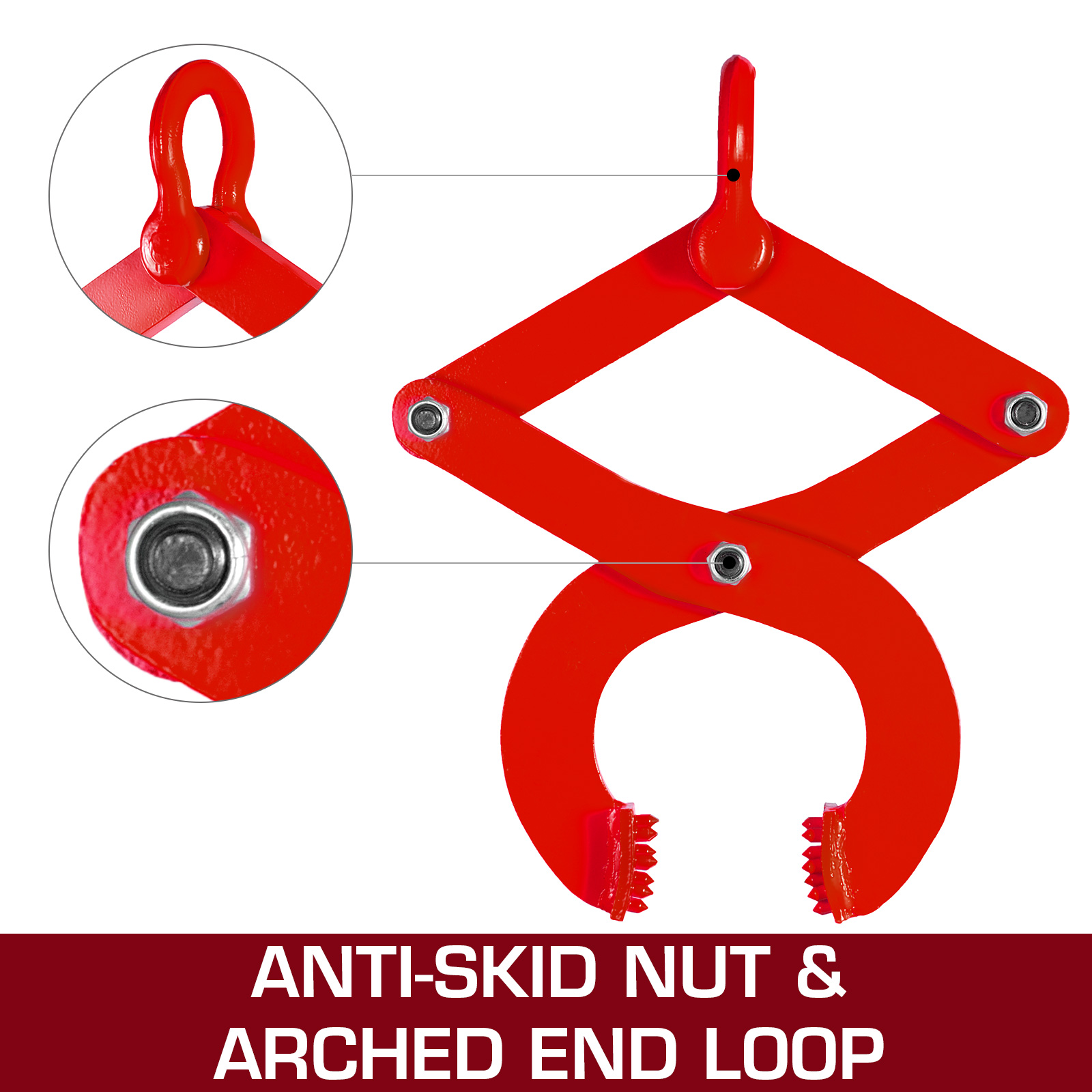 red VEVOR pallet puller with anti-skid nut and arched end loop close-ups.