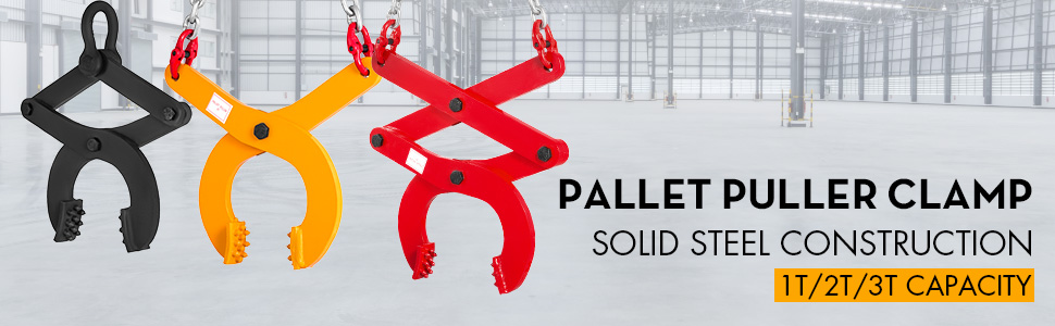 VEVOR pallet puller clamp in black, yellow, and red with 1t/2t/3t capacity.