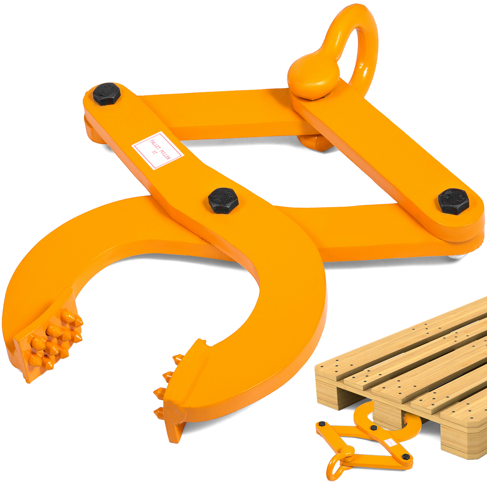 VEVOR pallet puller with orange jaws gripping a wooden pallet.