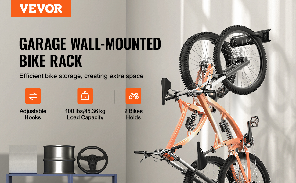 VEVOR bike storage rack holding two bikes with adjustable hooks and 100 lbs load capacity in a garage.