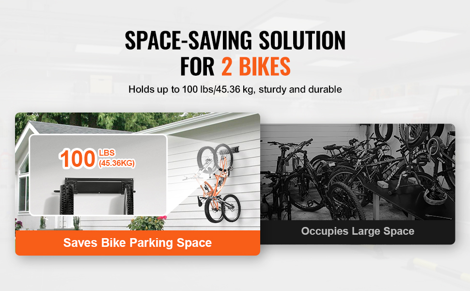 VEVOR bike storage rack saving bike parking space for 2 bikes, holds up to 100 lbs (45.36 kg).