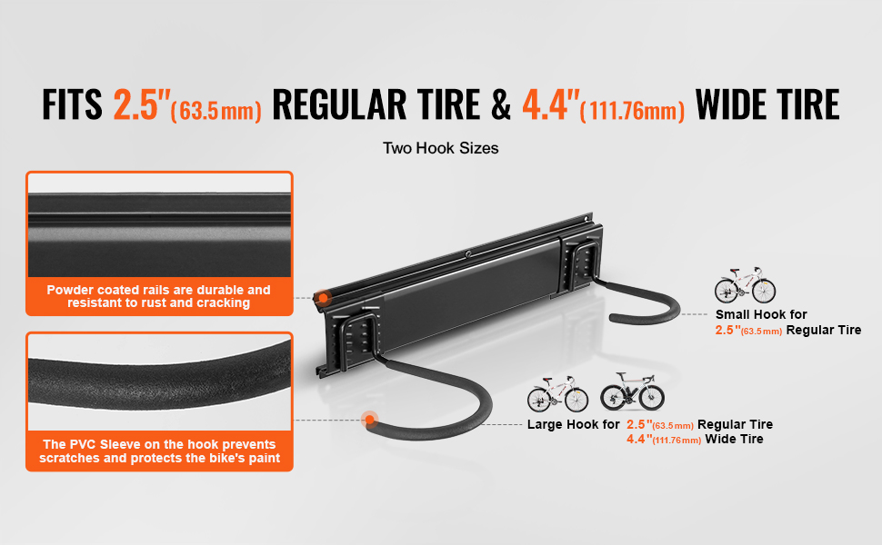 VEVOR bike storage rack fits 2.5" regular tires and 4.4" wide tires, includes powder-coated durable rails.