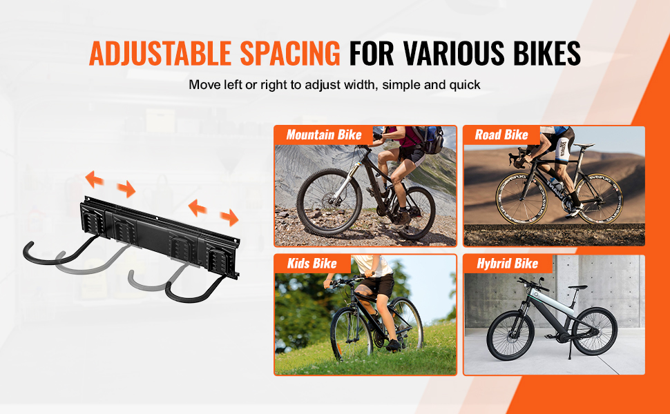 VEVOR bike storage rack with adjustable spacing for various bike types: mountain, road, kids, and hybrid.