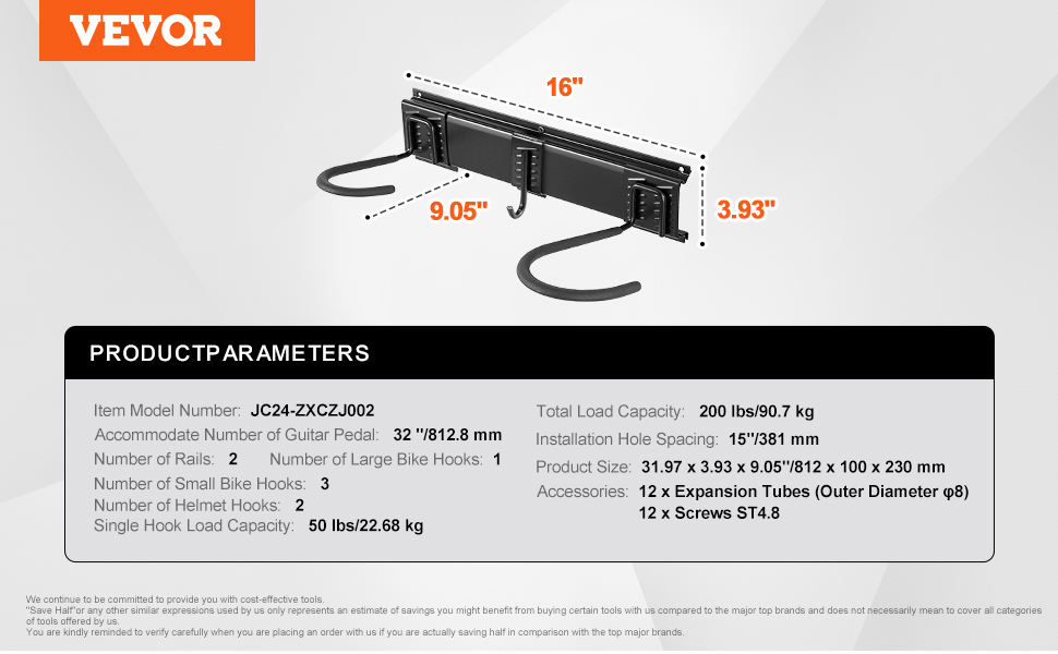 VEVOR bike storage rack with model jc24-zxczj002, 200 lbs capacity, and multiple hooks dimensions.