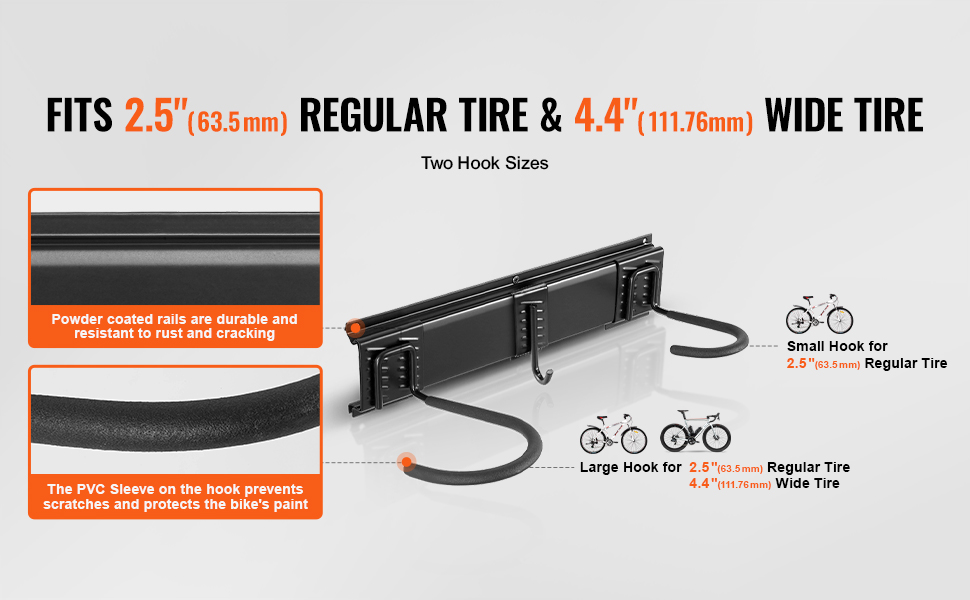 VEVOR bike storage rack with durable powder-coated rails, pvc sleeves, and hooks for regular and wide tires.