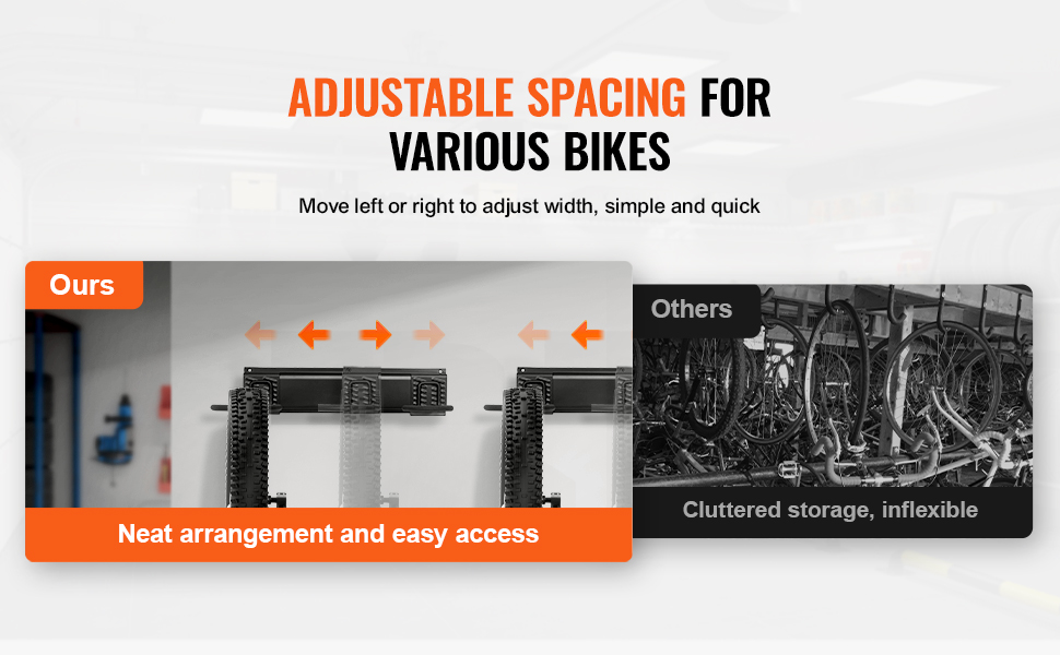adjustable VEVOR bike storage rack showcasing neat arrangement, contrasted with cluttered bike storage options.