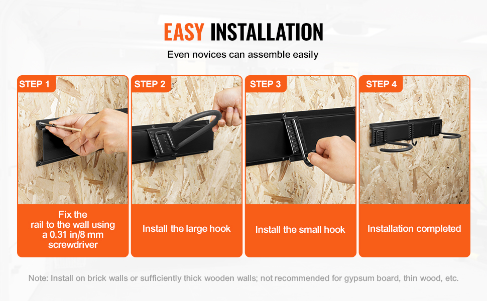 VEVOR bike storage rack installation guide: fix rail, install large hook, install small hook, complete installation.