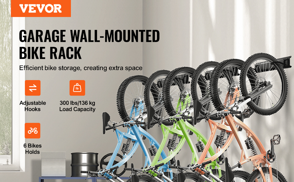 VEVOR bike storage rack for garage, wall-mounted, holds 6 bikes, adjustable hooks, 300 lbs capacity.