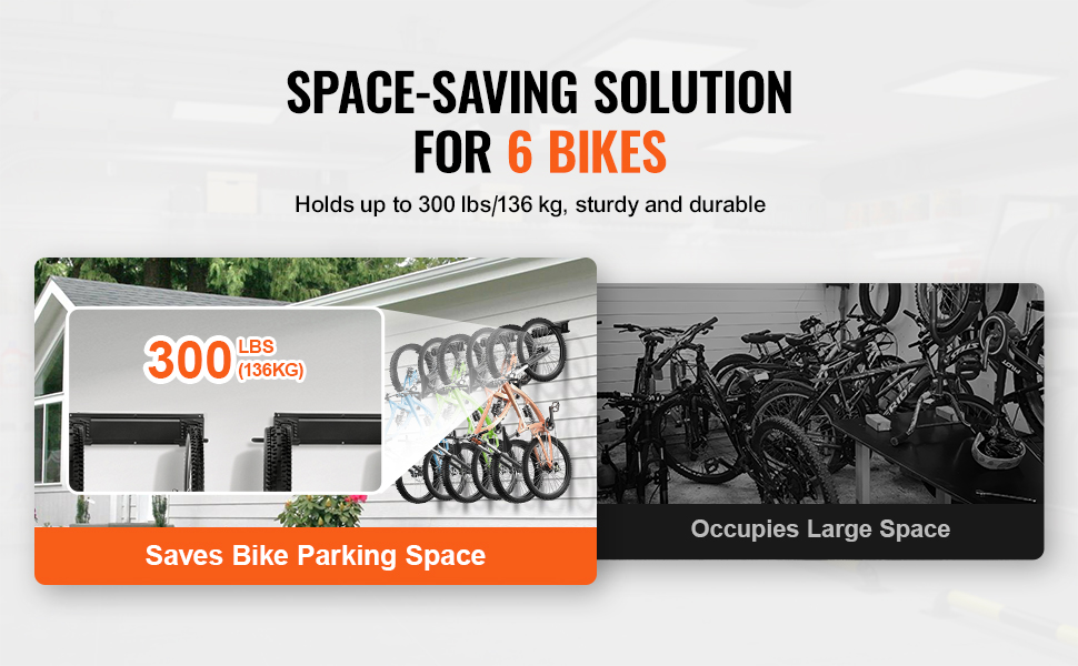 VEVOR bike storage rack: space-saving solution for 6 bikes, holds 300 lbs/136 kg, sturdy and durable.