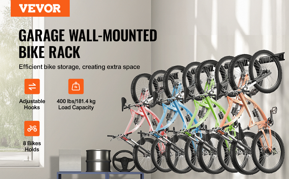 VEVOR bike storage rack in garage, wall-mounted with 8 colorful bikes, adjustable hooks, 400 lbs capacity.