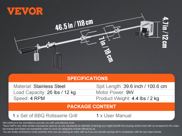 VEVOR grill rotisserie kit, stainless steel with 9w motor, 46.5in length, 26 lbs capacity.