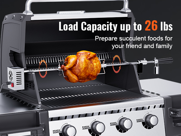 VEVOR grill rotisserie kit cooking a whole chicken with a load capacity of up to 26 lbs.