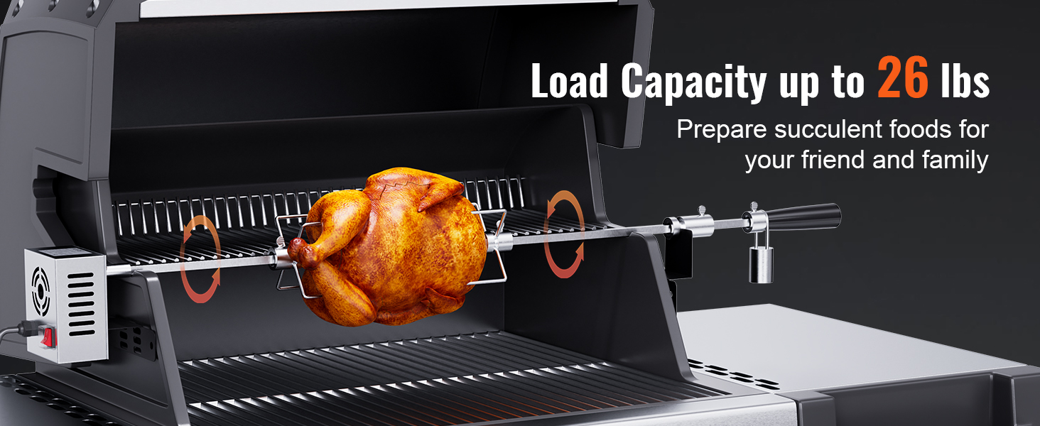 VEVOR grill rotisserie kit cooking a whole chicken with a load capacity of up to 26 lbs.