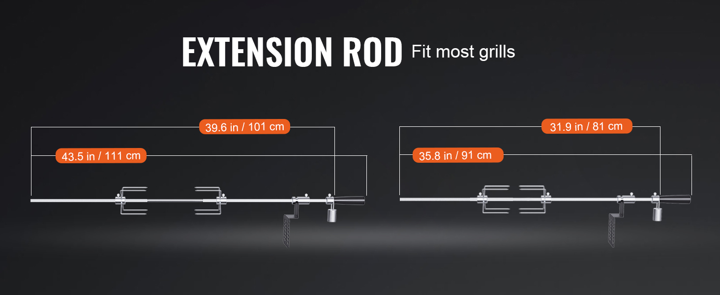 extension rod for VEVOR grill rotisserie kit fits most grills, with lengths 43.5in to 31.9in.