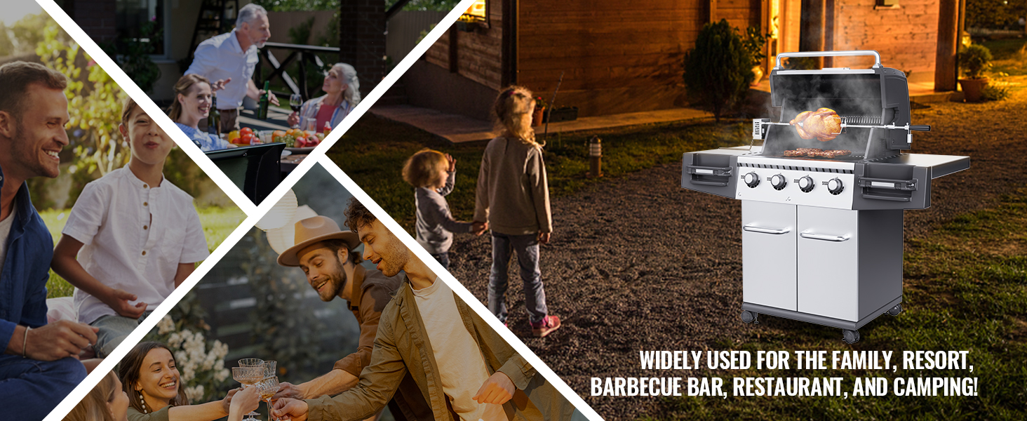 VEVOR grill rotisserie kit ideal for family barbecues, resort dining, restaurants, and camping.