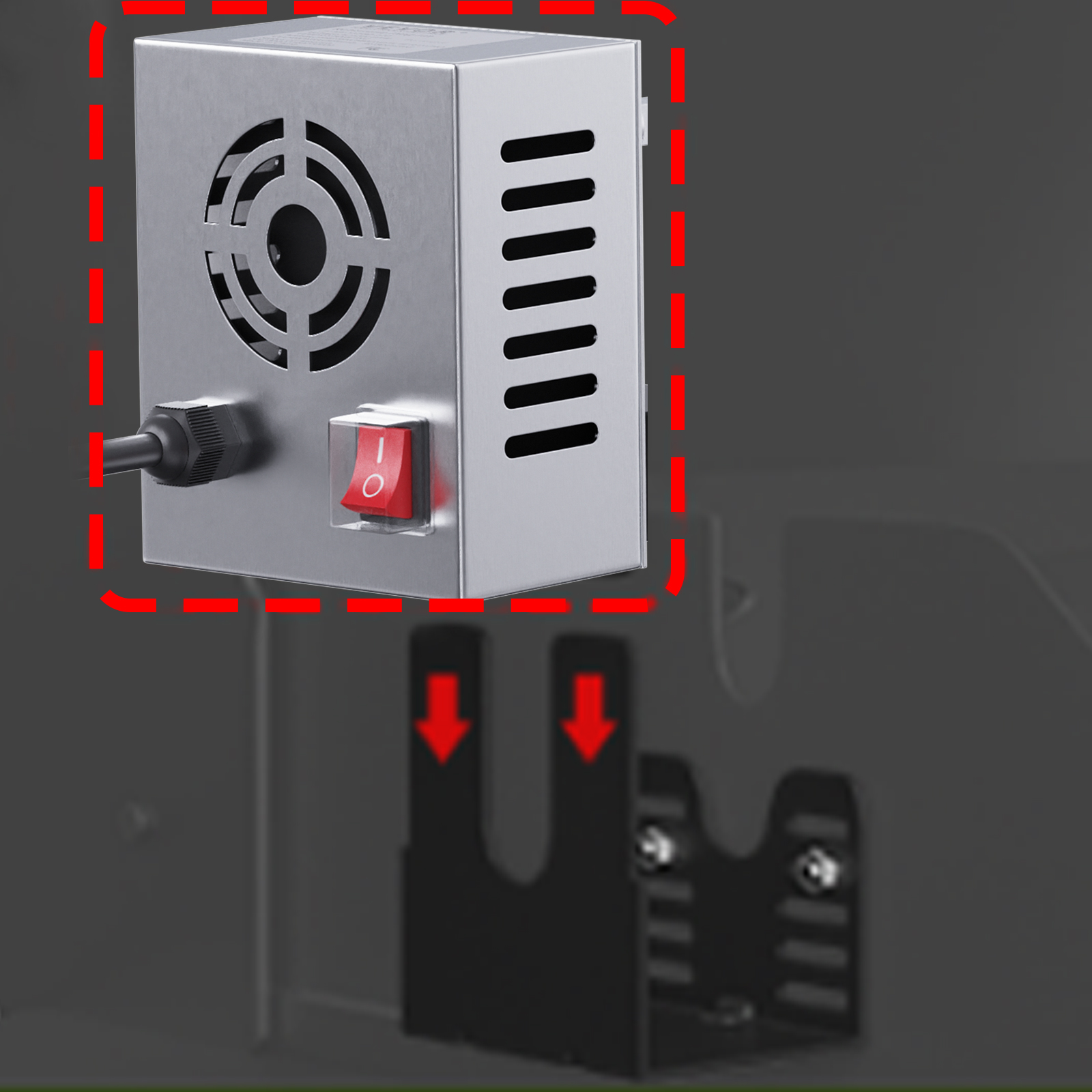 VEVOR grill rotisserie kit motor with red switch, mounted on a black bracket.