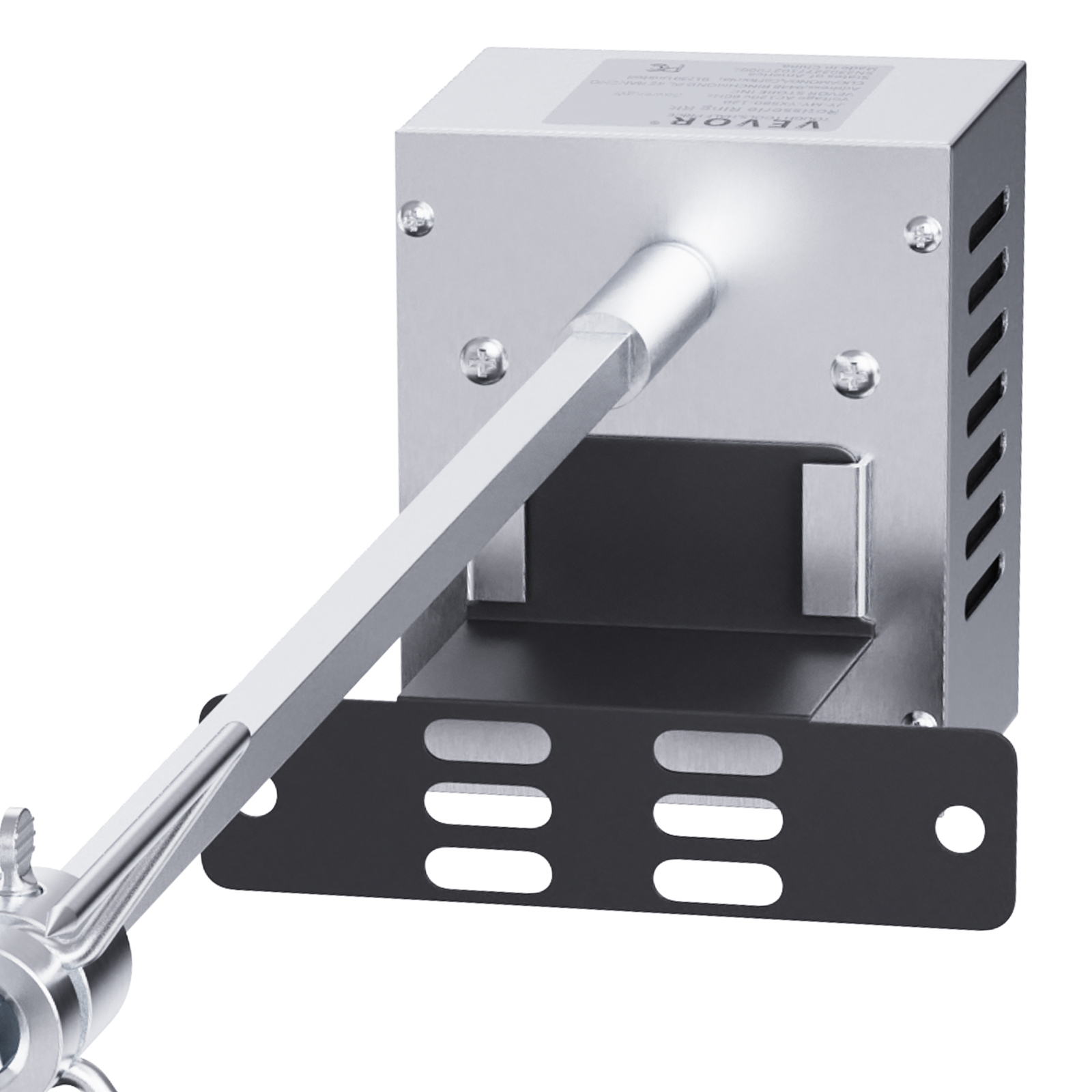 stainless steel VEVOR grill rotisserie kit with mounting bracket and motor for outdoor grilling.