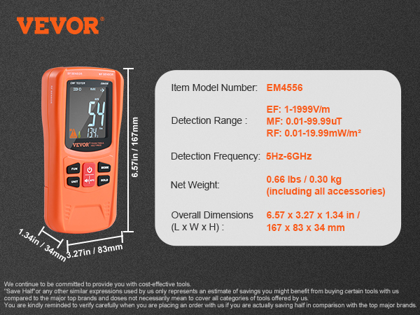 VEVOR emf meter em4556, orange, with digital display and detailed specs on the side.
