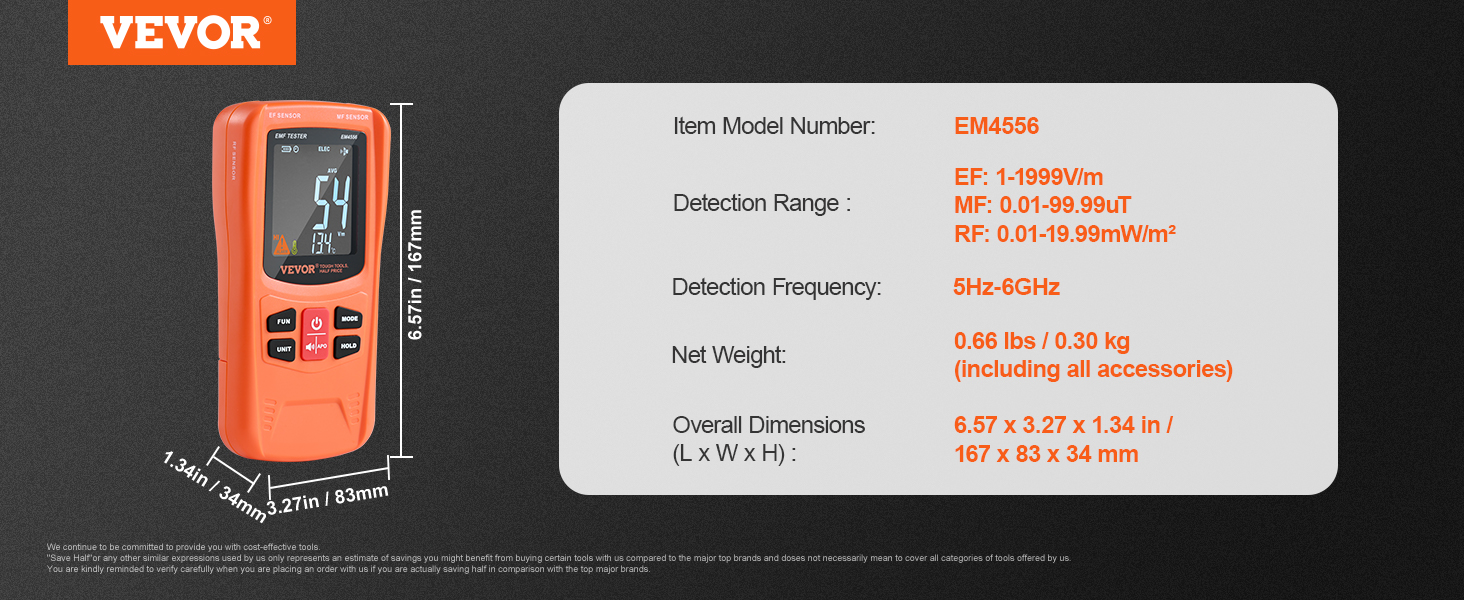 VEVOR emf meter em4556, orange, with digital display and detailed specs on the side.