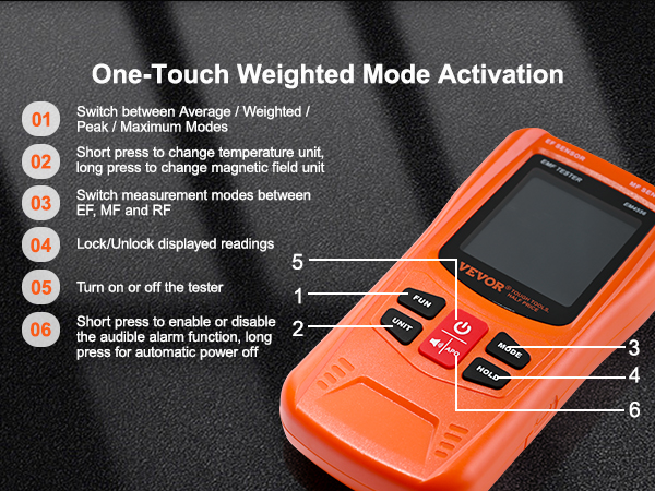 VEVOR emf meter with button functions for measurement modes, unit changes, and display lock/unlock.