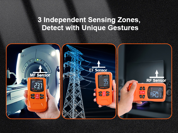VEVOR emf meter with mf, ef, and rf sensors for precise detection in mri, power lines, and electronics.