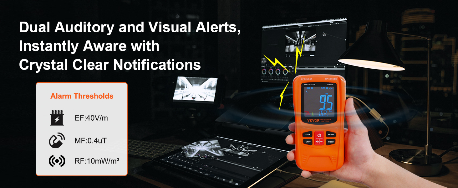 VEVOR emf meter displaying readings with dual auditory and visual alerts for clear notifications.