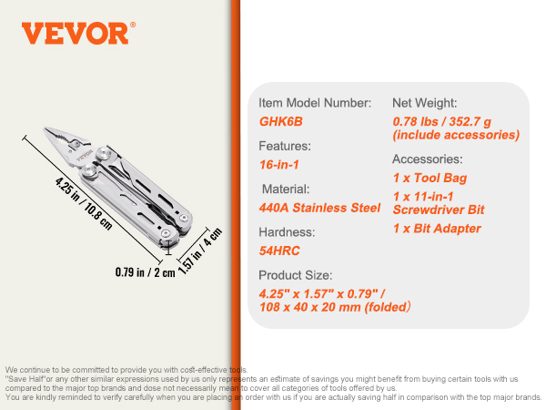VEVOR multitool pliers, 16-in-1, stainless steel, compact, tool bag and screwdriver bit included.