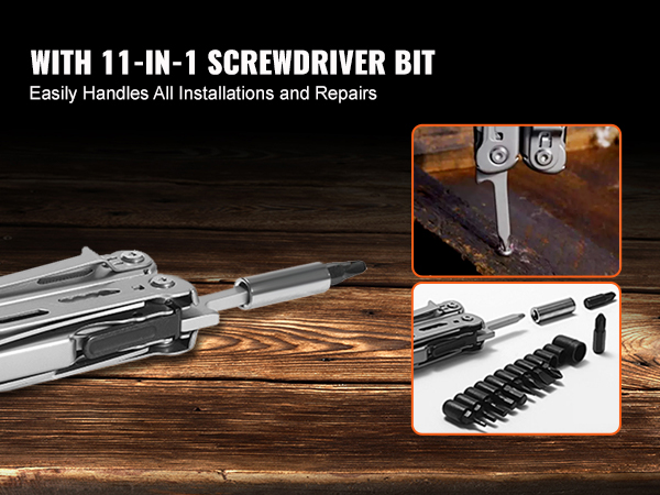 VEVOR multitool pliers with 11-in-1 screwdriver bit for versatile installations and repairs.