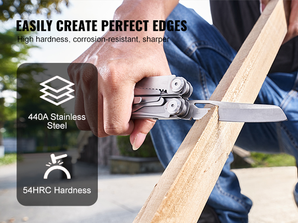 VEVOR multitool pliers carving wood, 440a stainless steel, 54hrc hardness, easily create perfect edges.