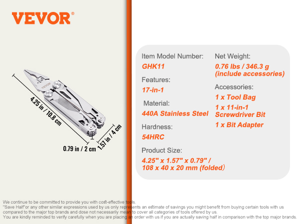 VEVOR multitool pliers, 17-in-1, 440a stainless steel, 4.25"x1.57"x0.79" folded, accessories included.