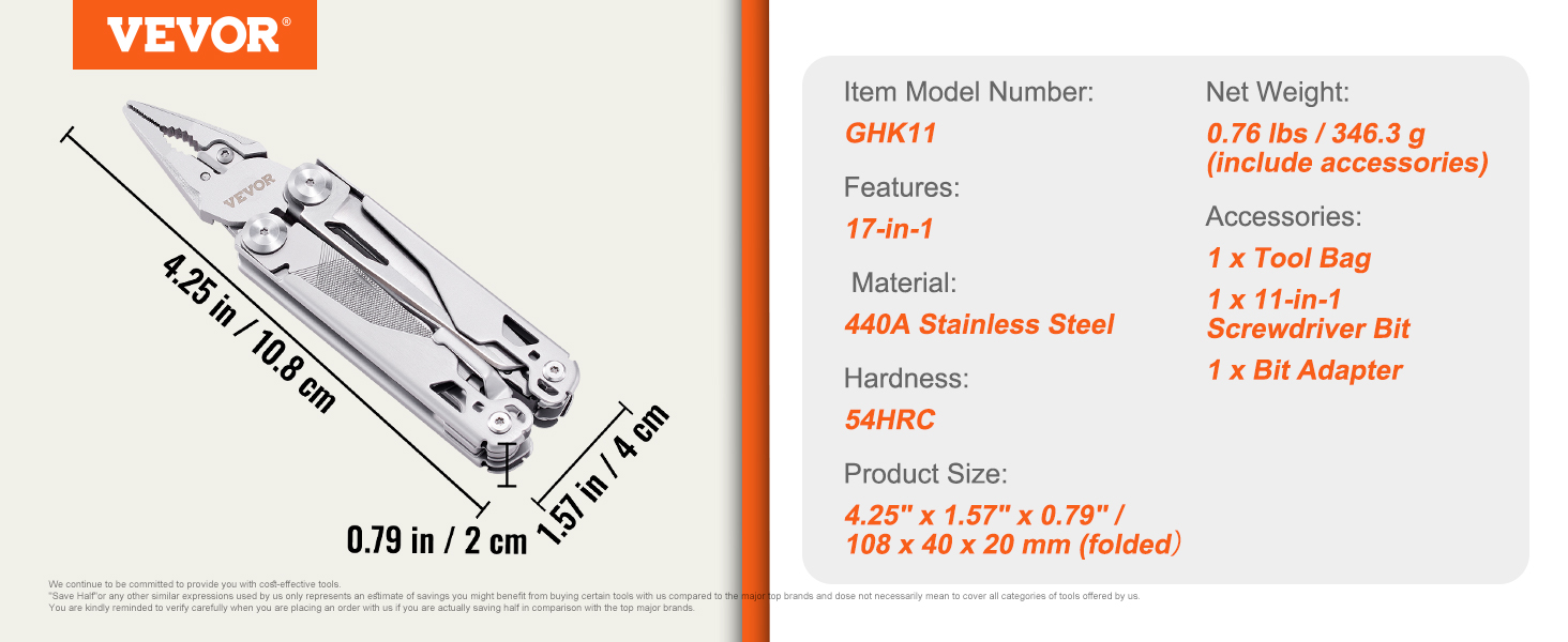 VEVOR multitool pliers, 17-in-1, 440a stainless steel, 4.25"x1.57"x0.79" folded, accessories included.
