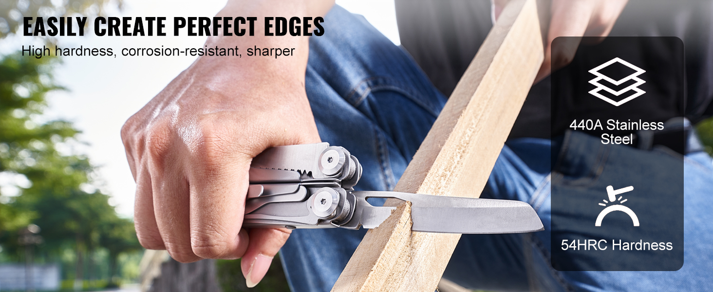 person using VEVOR multitool pliers to carve wood; features 440a stainless steel and 54hrc hardness.