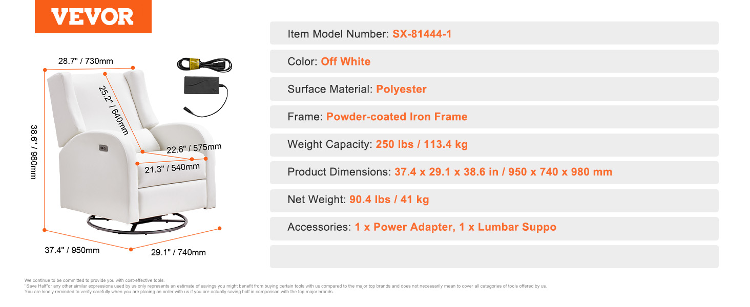 VEVOR power recliner in off white, dimensions 37.4 x 29.1 x 38.6 in., 250 lbs capacity, includes power adapter.