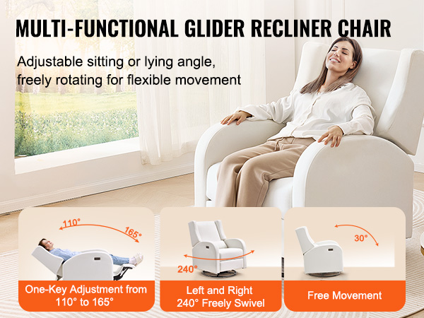 VEVOR power recliner with adjustable angles from 110° to 165°, 240° swivel, and 30° free movement.