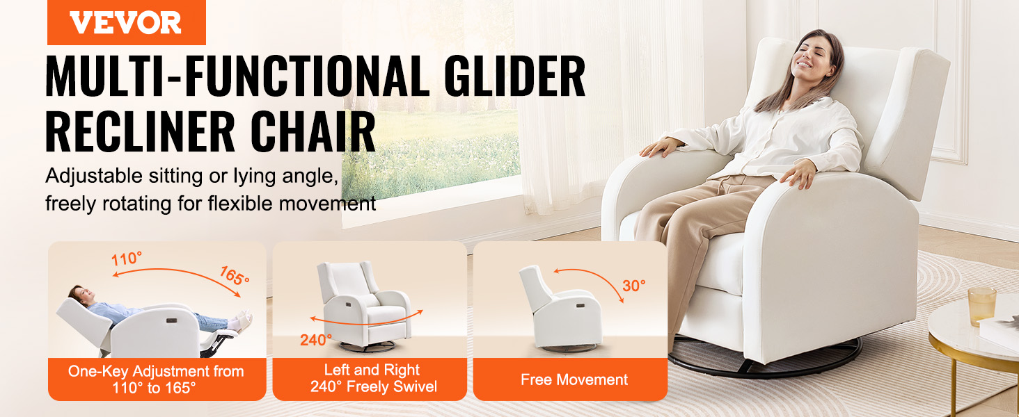 VEVOR power recliner with adjustable angles from 110° to 165°, 240° swivel, and 30° free movement.