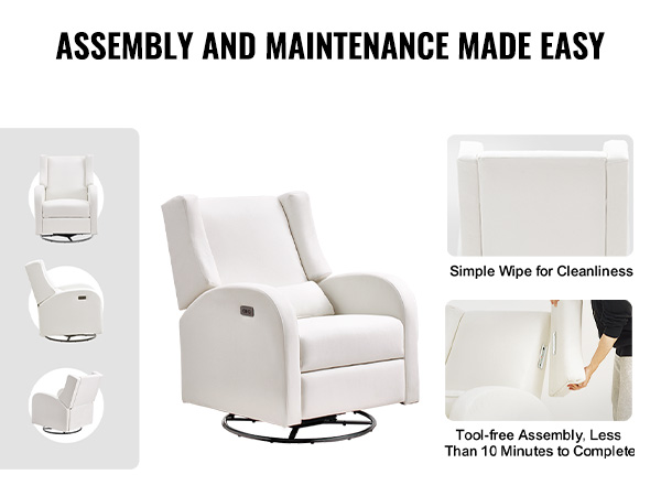VEVOR power recliner with easy assembly and maintenance, tool-free setup, and simple cleaning.