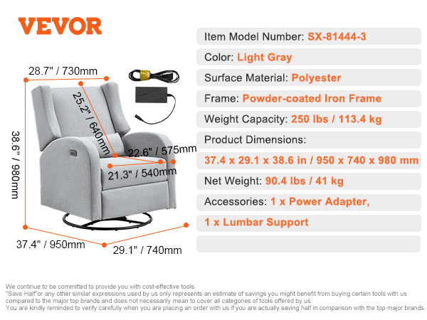 VEVOR recliner chair in light gray with polyester fabric, powder-coated iron frame, and dimensions.